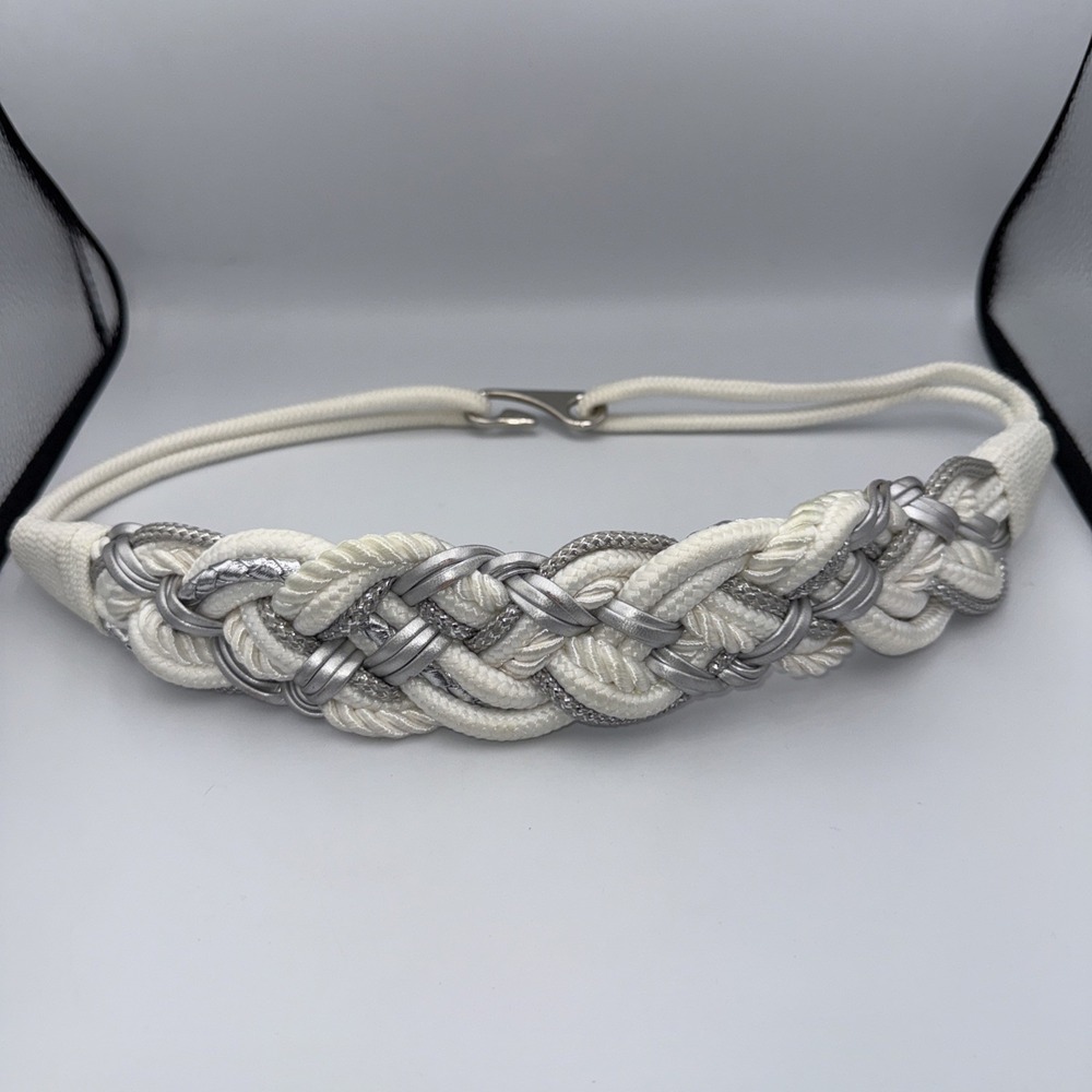 Vintage 1980's Braided Woven Rope Silver Belt White Boho Beach Mermaid Small
